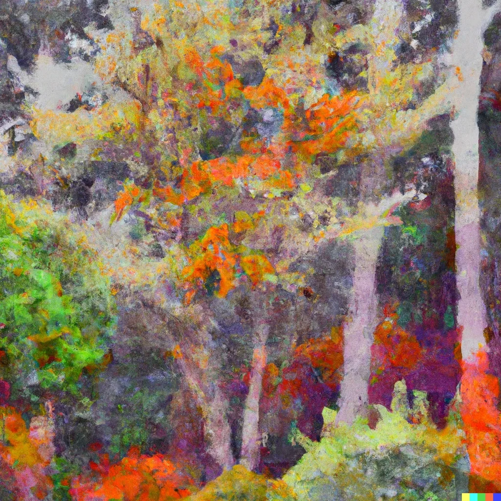 Impressionist painting of autumn woodland, pale tree trunks standing among orange, red and green leaves