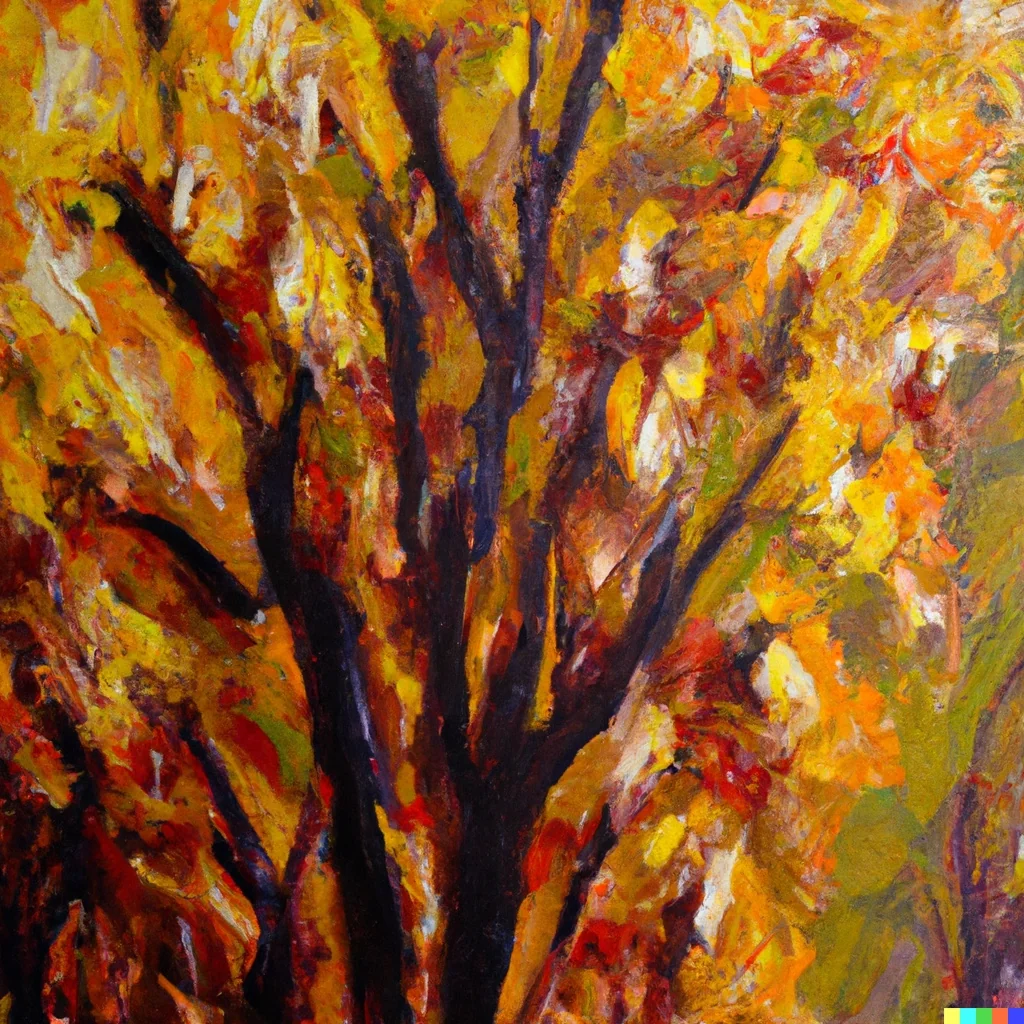 Impressionist painting of a tree with dark branches and blazing yellow and orange autumn leaves