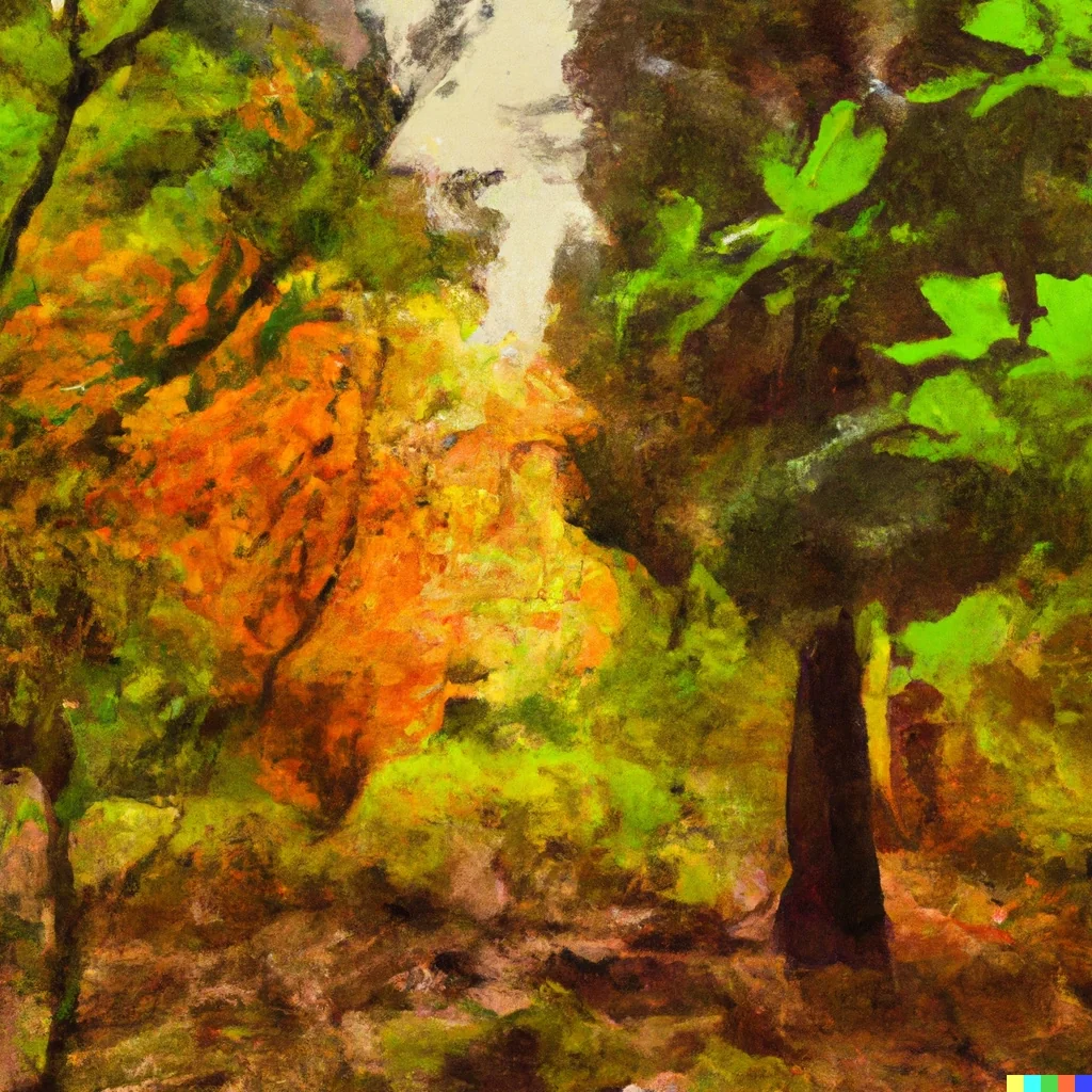 Impressionist painting of a woodland clearing, a tree in orange leaf beside deep green foliage