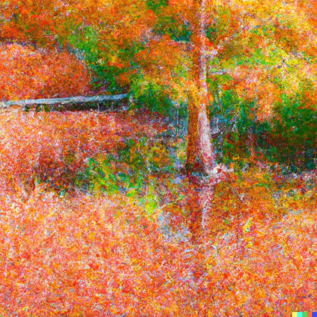 Impressionist painting of a path through autumn woodland, canopy and fallen leaves both deep orange