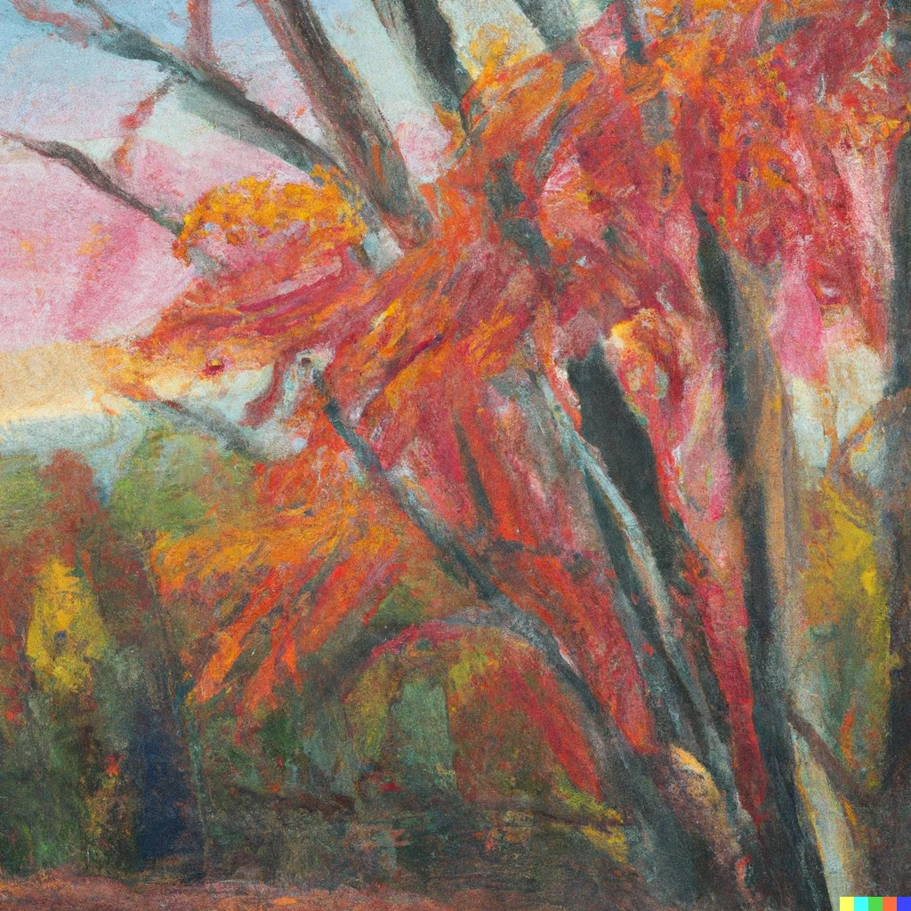 Impressionist painting of a red and orange autumn tree against a pink dusk sky