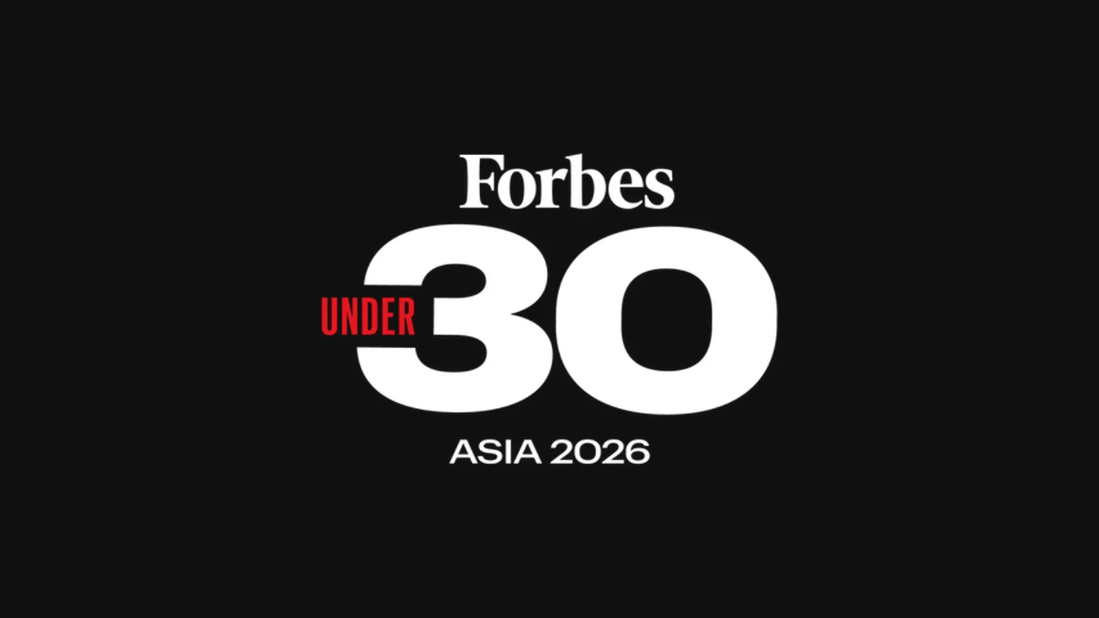 The Forbes 30 Under 30 wordmark in white and red on a black background