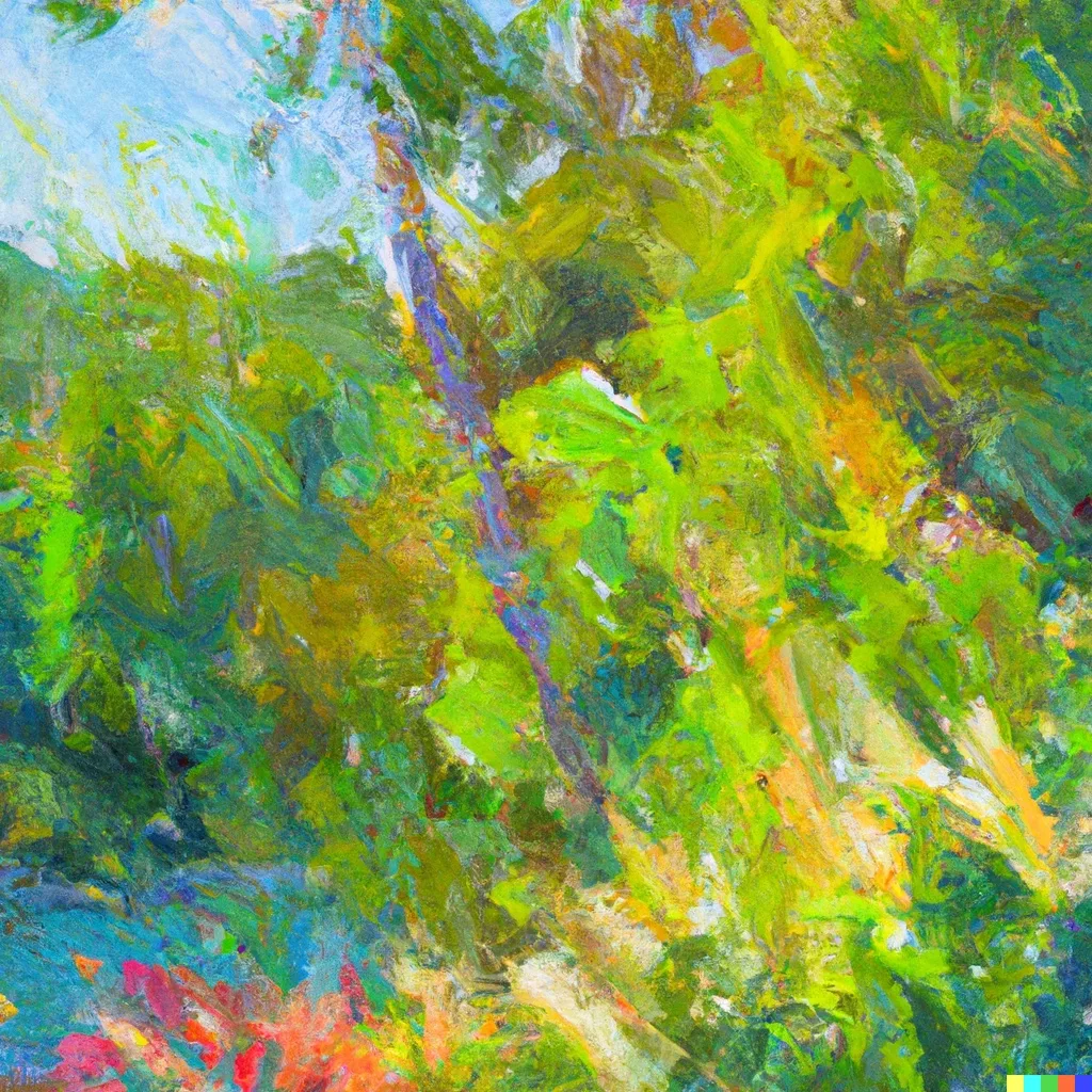Impressionist painting of a lush green hillside under a pale blue sky, with flecks of red and orange flowers along the foot