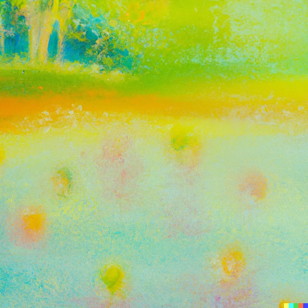Soft, hazy impressionist painting of a sunlit meadow in pale yellows and greens, a line of trees along the far edge