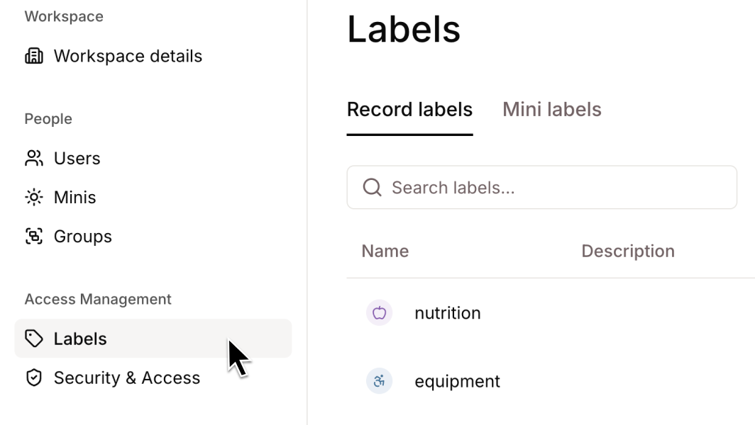 **Fine-grained authorisation (FGA)** — admins can grant users view, edit, or delete permissions on specific labels (e.g. "Medical", "Incident Reports"), controlling exactly which records and Minis each team member can see and modify.