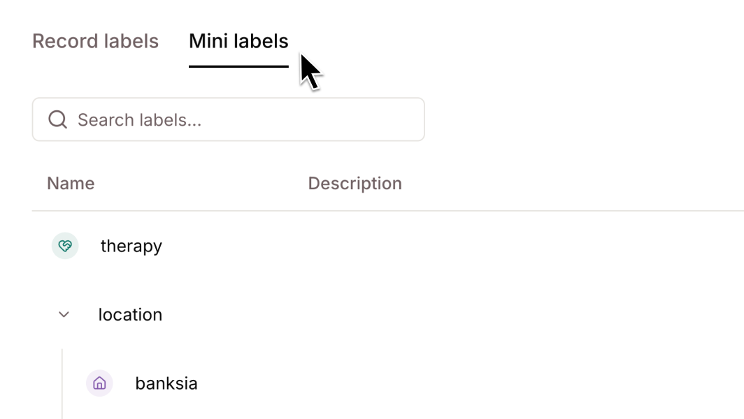 **Labels admin UI** — a new workspace admin page for managing labels and label groups, separated by resource type (Record/Mini) with inline create, edit, and delete.