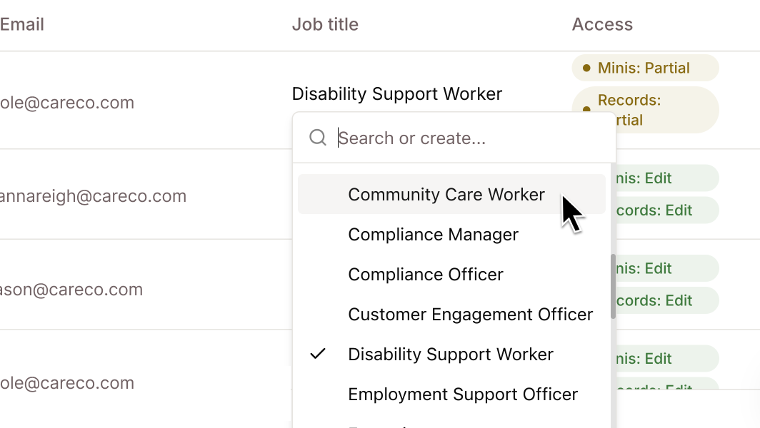 **Custom user management** — a fully custom users table with name, email, job title, server-side pagination, search, and role/job title filtering.