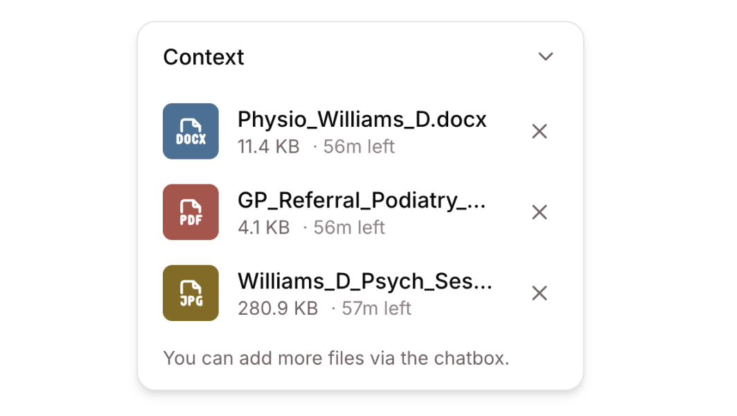 **Floating Context card** — a card in the top-right shows what is currently attached so you always know what the Mini can see.